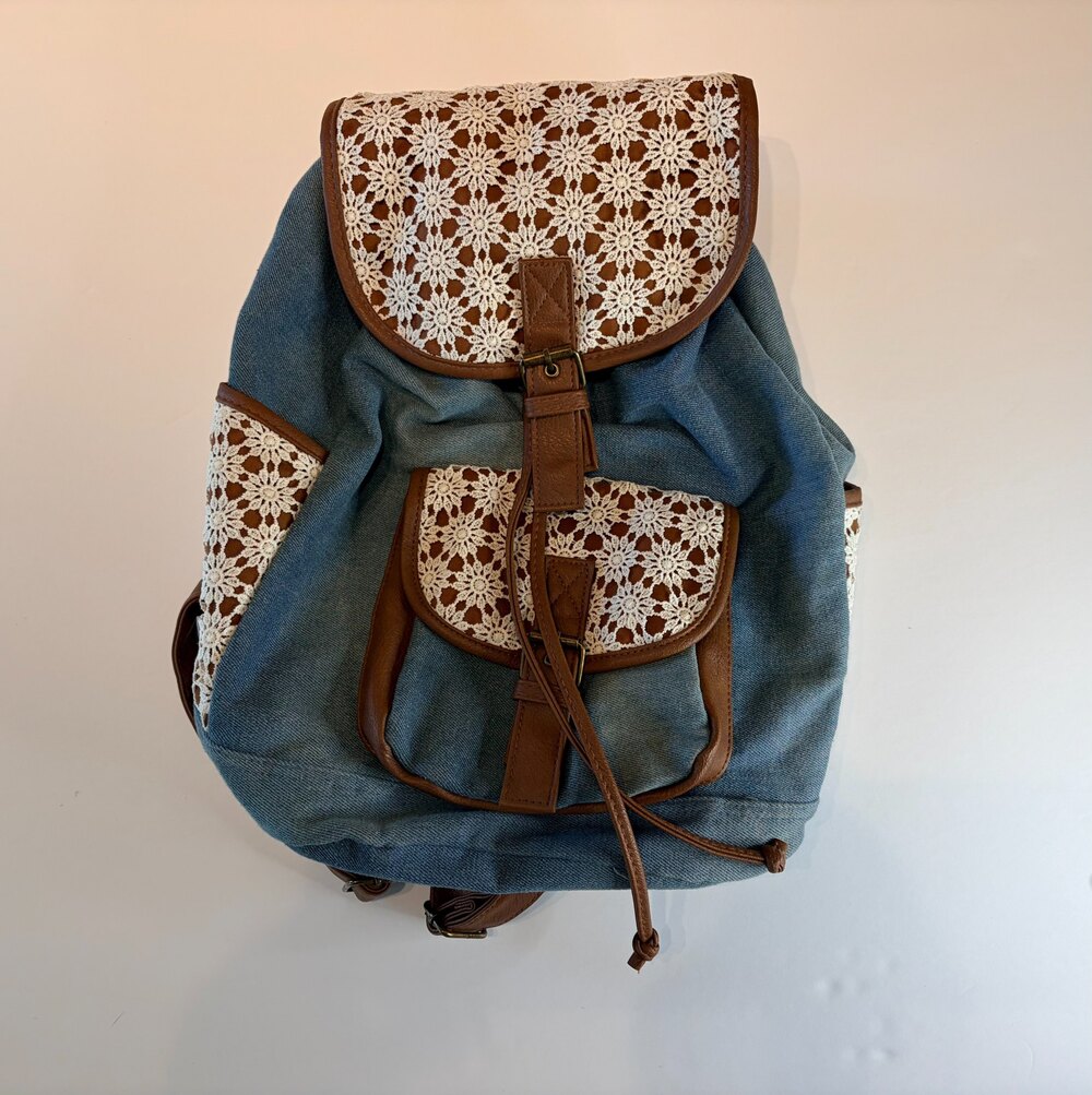 Boho Denim Canvas Backpack Lace Trim Leather Drawstring